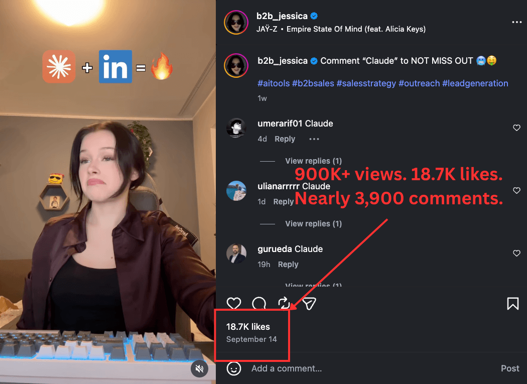 Umer’s annotated b2b_jessica reel screenshot highlighting 900K+ views, 18.7K likes, and nearly 3,900 comments